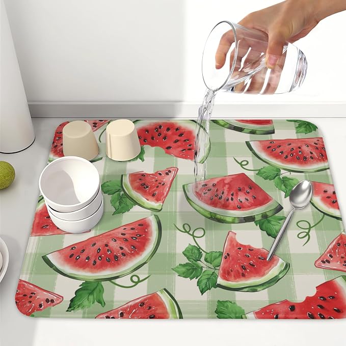 Summer Dish Drying Mat for Kitchen Counter Watercolor Watermelon Green Buffalo - Image 6