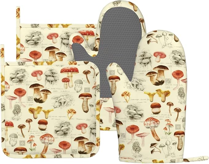 Mushroom Oven Mitts and Pot Holders Sets Silicone Vintage Mushrooms Kitchen by MIFSOIAVV