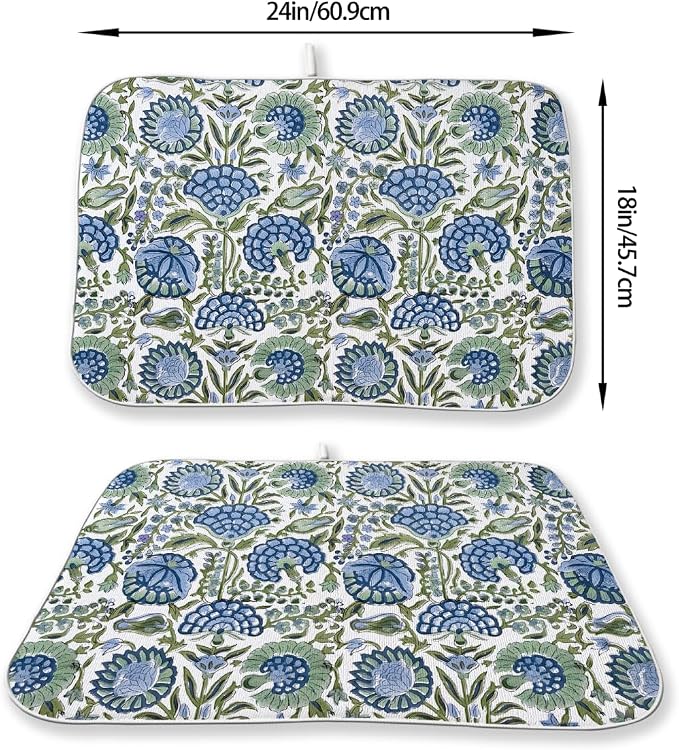 Vintage Blue Sage Green Floral Dish Drying Mat 18 x 24 Inch Boho Floral Drying - Image 6