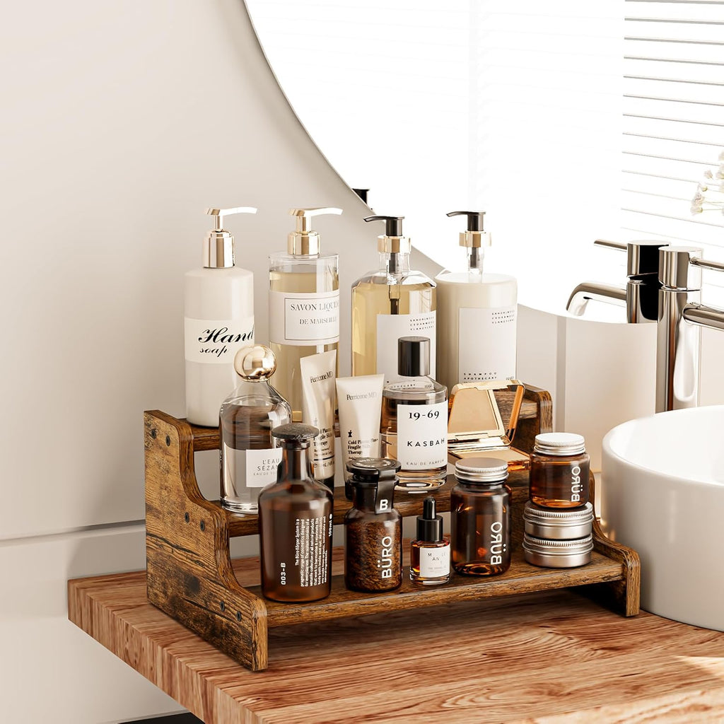 KLM 3-Tier Spice Rack, 13.8 Inch Wood Step Shelf Countertop Spice