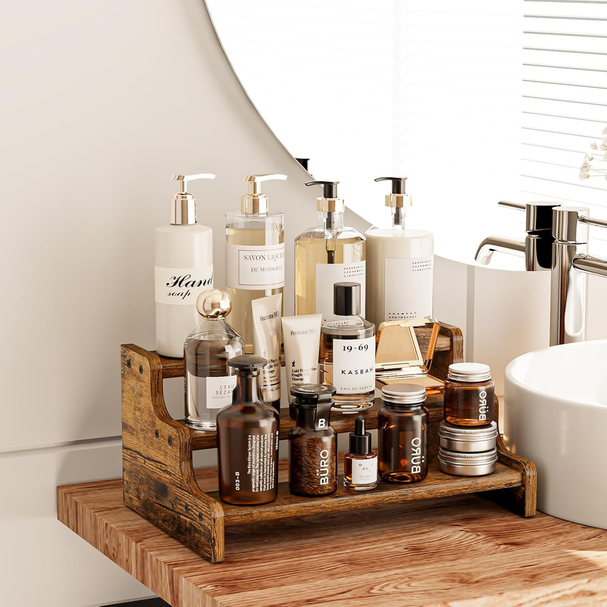 KLM 3-Tier Spice Rack, 13.8 Inch Wood Step Shelf Countertop Spice