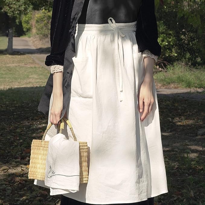 Cotton Linen Half Apron for Women Vintage Waist Apron Ruffle Plain Bright Color - Image 2