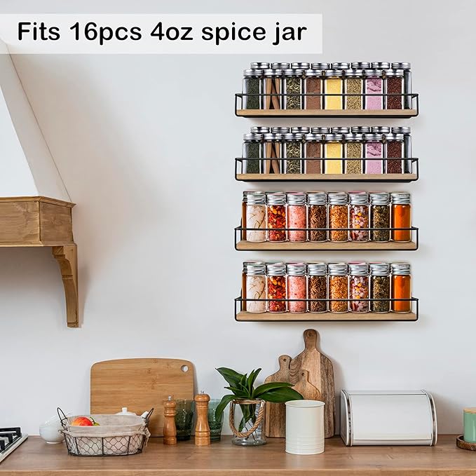 TJ.MOREE 4 Pack Spice Rack Wall Mounted Rustic Style Hanging Spice Organizer - Image 2
