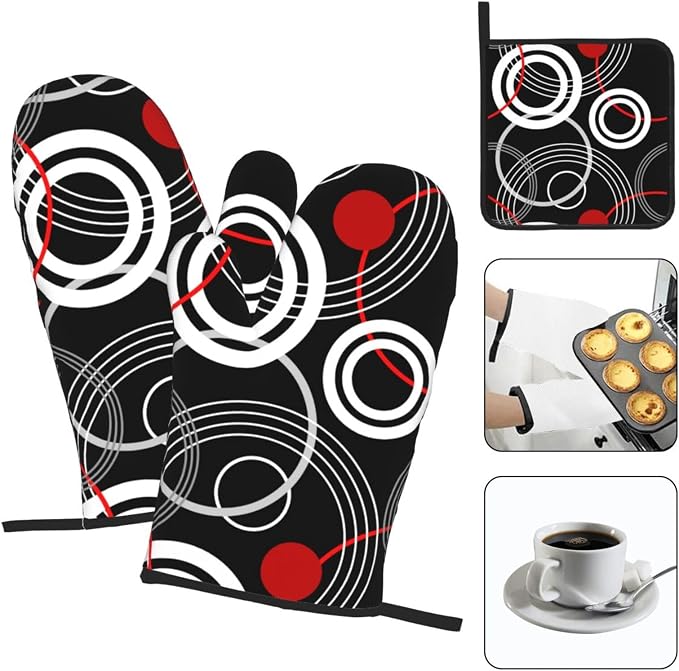 Modern Black Red Retro Oven Mitts and Pot Holders Sets of 3 Abstract Modern Hot - Image 3
