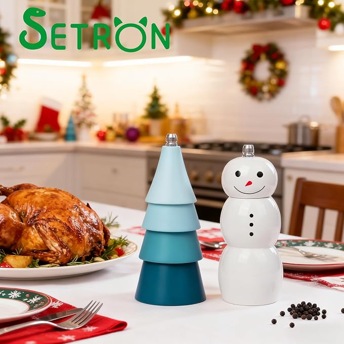 Christmas Salt and Pepper Grinder Set, Snowman & Tree Refillable Salt and - Image 6