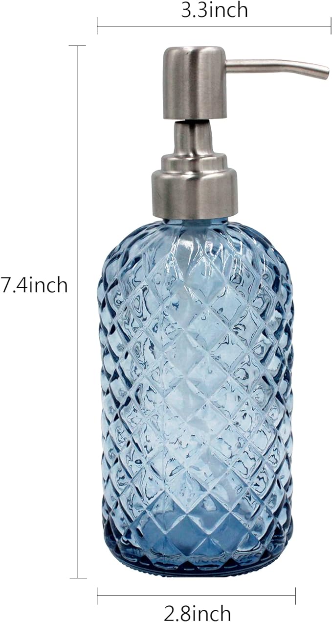 16 oz Diamond Pattern Glass Soap Dispenser, Kitchen and Bathroom Refillable - Image 3