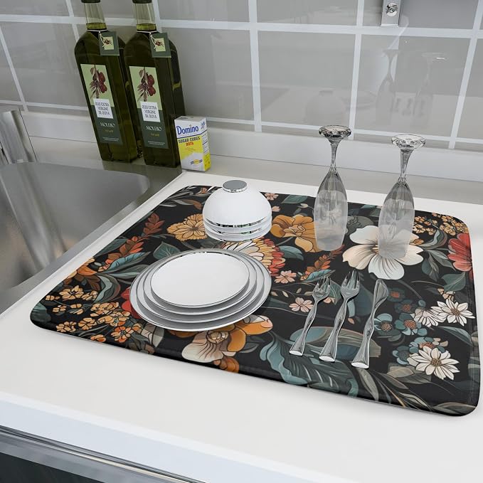 Vintage Floral Dish Drying Mat 18x24 inch Boho Flower Drainer Mats Fast Dry - Image 6