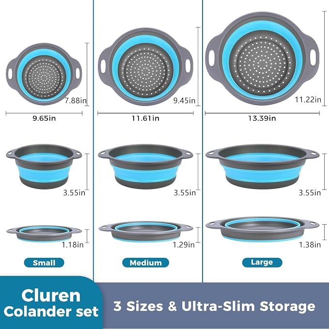 Collapsible Colander Set with Oversized Draining Tray | 3-Pack Foldable Kitchen - Image 3