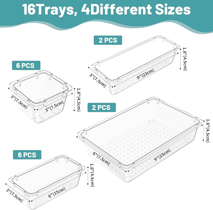 WOWBOX 16 PCS Clear Plastic Drawer Organizer Set, 4 Sizes Desk Drawer - Image 3