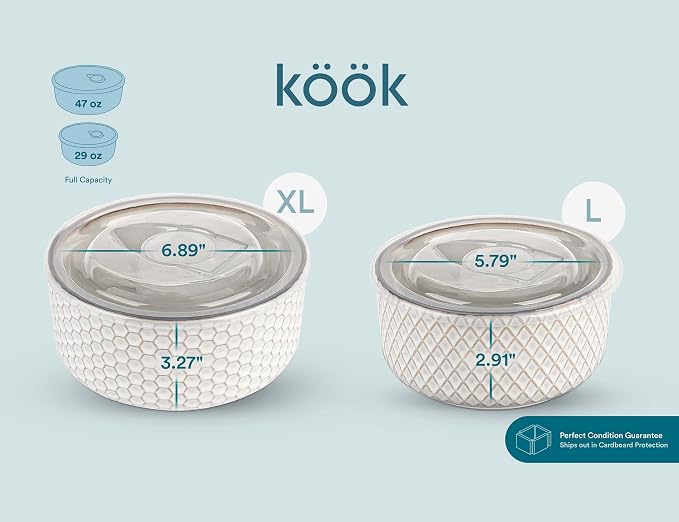 KooK Serving Bowls, with Lids, Ceramic Nesting Bowls, Microwave and Dishwasher - Image 8