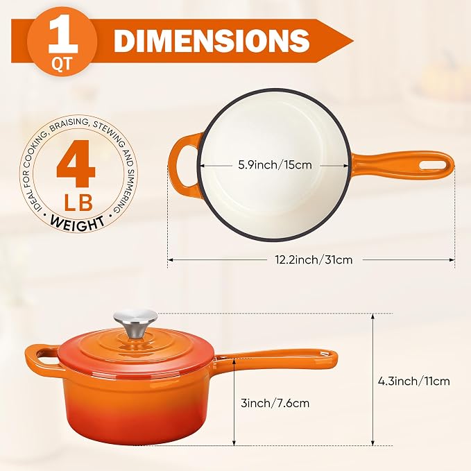 Homikit Small Cast Iron Pot, 1 QT Enameled Cast Iron Sauce Pan - Image 2