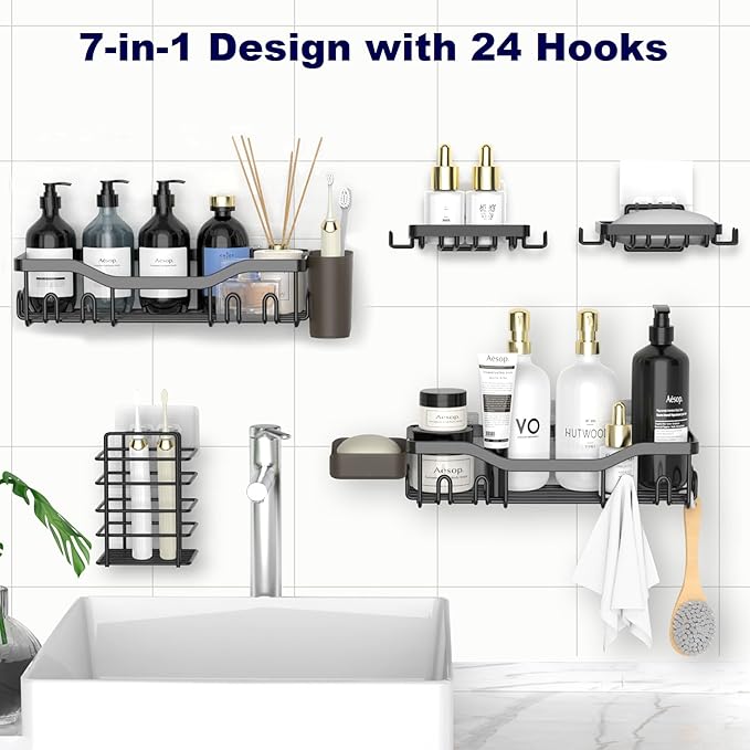 NESOMI Shower Caddy Adhesive Shower Organizer 7-Pack, Rustproof Stainless Steel - Image 4