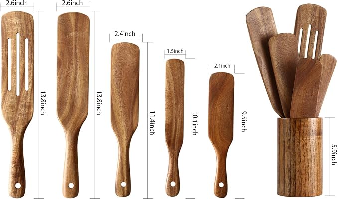 Wooden Spurtles Set with Holder, Natural Teak Kitchen Utensil Set of 6 - Image 2