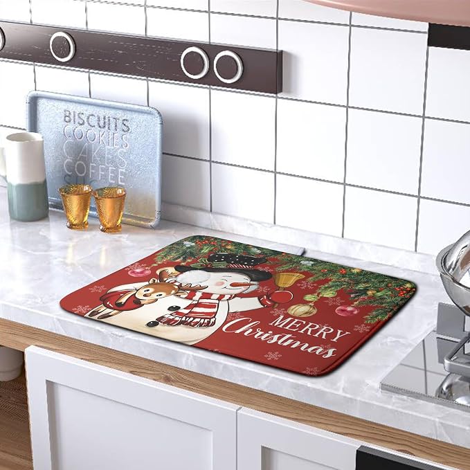 Christmas Dish Drying Mats for Kitchen Counter 16x18 Cute Snowman Red Dish - Image 5