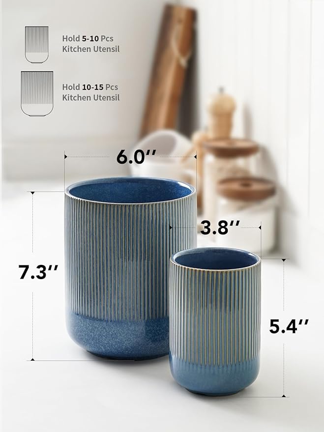 LE TAUCI Utensil Holder for Kitchen Counter, 7.3"+5.4" Fluted Ceramic Utensil - Image 6