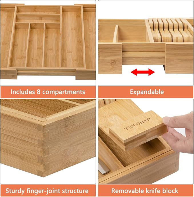 TIOPGHAD Bamboo-Silverware-Drawer-Organizer-Kitchen, Expandable Utensil Holder - Image 5