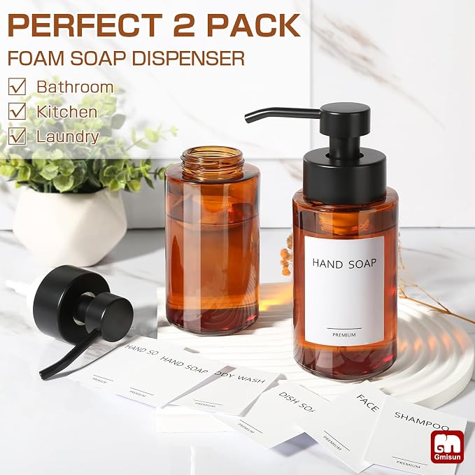GMISUN Glass Foaming Soap Dispenser, 10 Fl oz / 300ml Amber Glass Soap Dispenser - Image 3