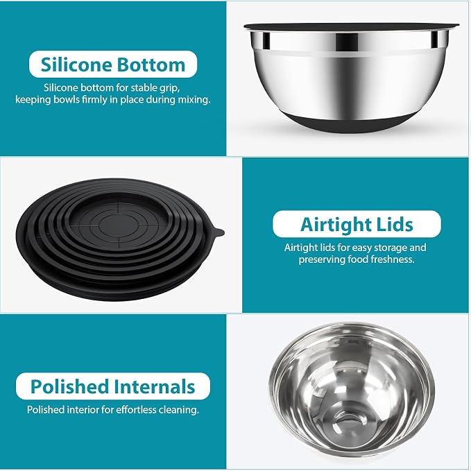20-Piece Mixing Bowls Set with Airtight Lids – 6 Stainless Steel Kitchen Bowls - Image 3
