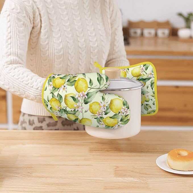 Lemon Silicone Oven Mitts Pan Mats Set of 2, Heat Resistant Gloves Potholder - Image 7