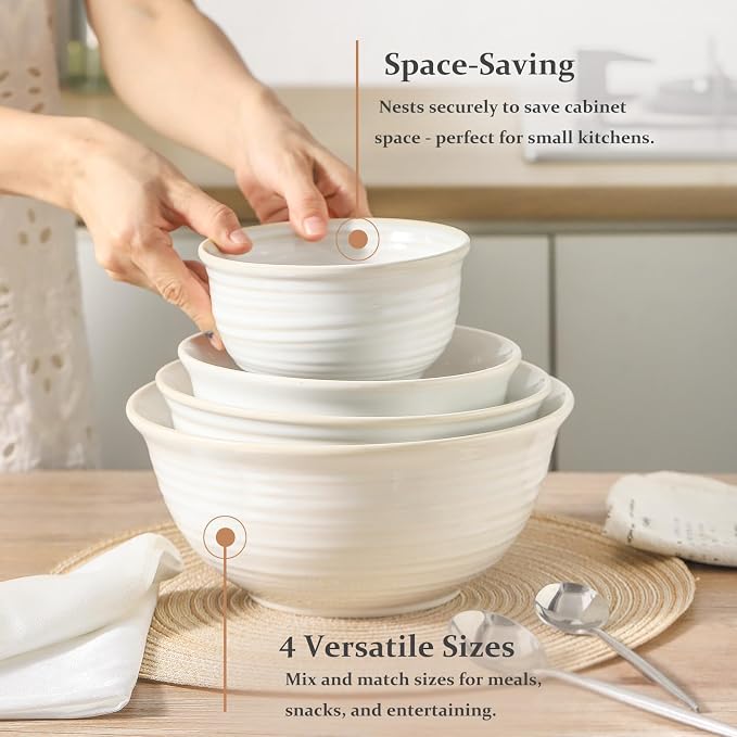 Hasense Ceramic Mixing Bowls, 2.1/1.5/1.0/0.5 Qt, Nesting Bowls - Image 5