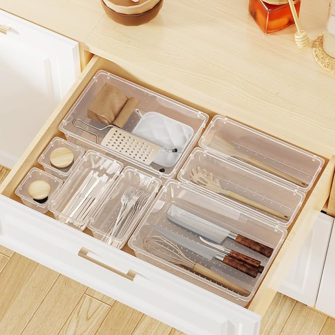 WOWBOX 16 PCS Clear Plastic Drawer Organizer Set, 4 Sizes Desk Drawer - Image 7