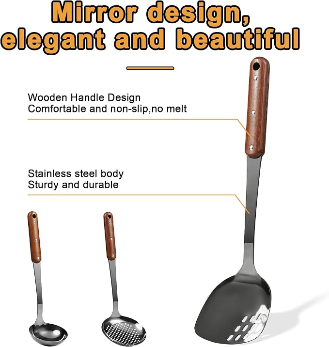 FJNATINH Stainless Steel Wok Spatula, Skimmer Ladle Tool Set, Mirror Polished - Image 2