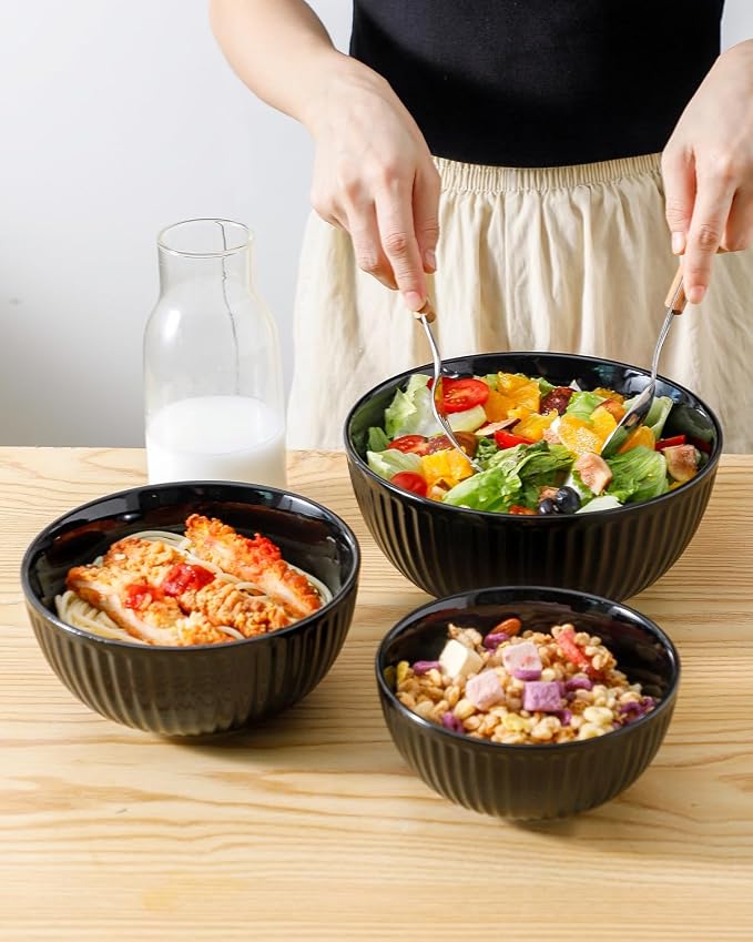 HASENSE Small Mixing Bowls of 3, Porcelain Ribbed Black Bowls 1.5/1/0.5 Qt - Image 4