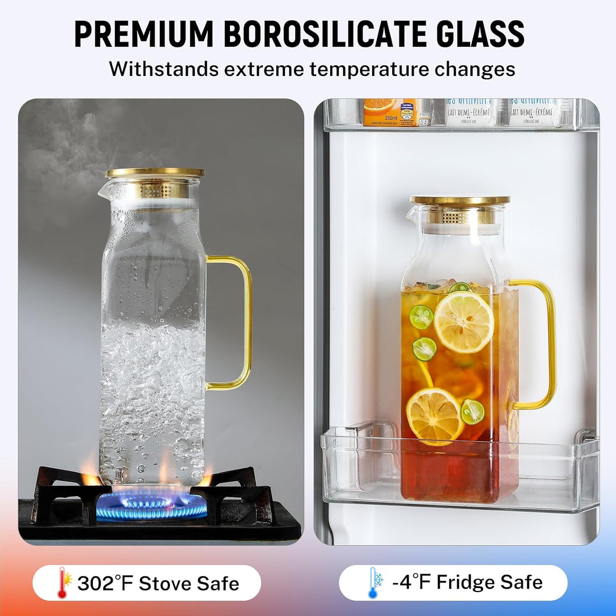 2 Quart (2 Liter 68 oz) Square Glass Pitcher with Lid and Spout, Water