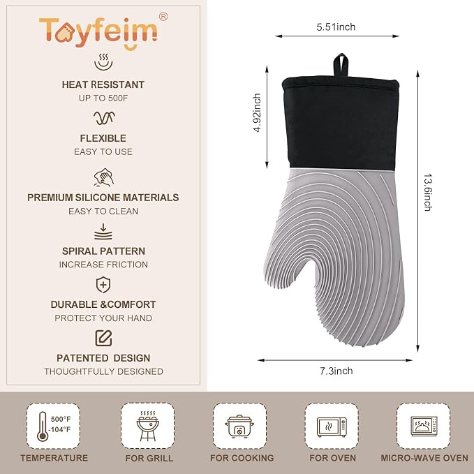 Silicone Oven Mitts-13.6 in Extended Oven Mitts Heat Resistant 500F, Oven Gloves - Image 6