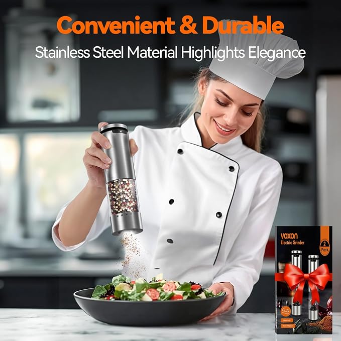 VOXON Update Electric Salt and Pepper Grinder Set Rechargeable Stainless Steel - Image 7