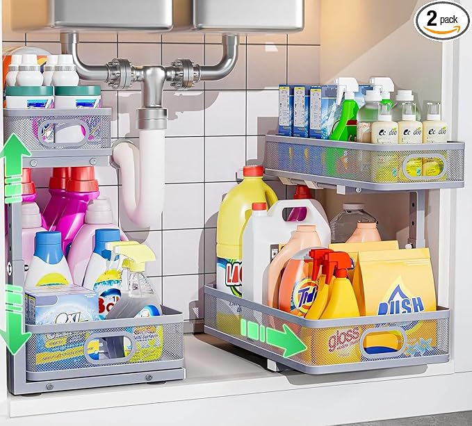 Under Sink Organizer 2 Pack, High Adjustable 2 Tier Under Sink Organizers and by Dolesman