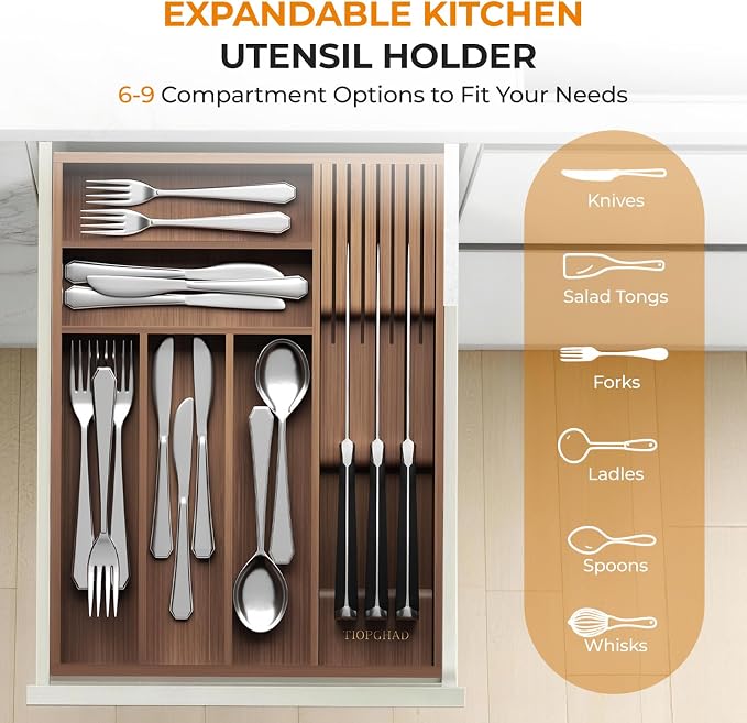 TIOPGHAD Small-Bamboo-Silverware-Drawer-Organizer, Expandable Utensil Kitchen - Image 2