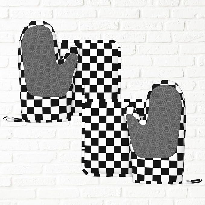 Black White Checkered Oven Mitts and Pot Holders Sets of 4, Heat Resistant - Image 6