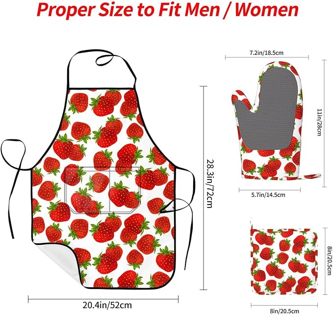 Cute Strawberry Oven Mitts Strawberries Pot Holders Cooking Apron Set of 5 - Image 2