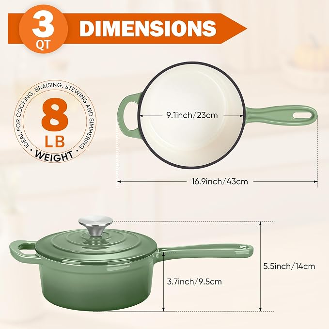 Homikit 3 Quart Saucepan with Lid, Enameled Cast Iron Sauce Pan Cooking Pot - Image 2