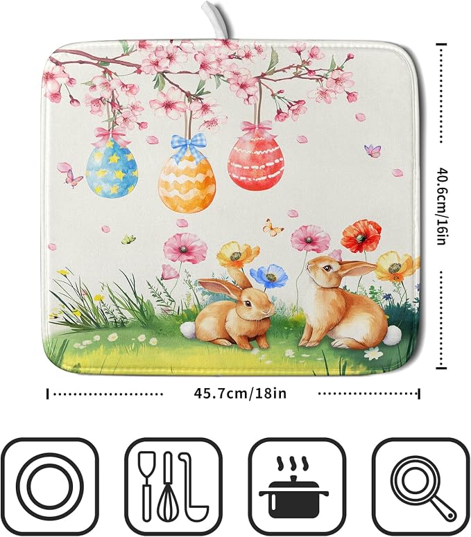 Giwawa Easter Bunny Dish Drying Mat, Spring Rabbits Eggs Hunt Dish Drainer Mats - Image 2