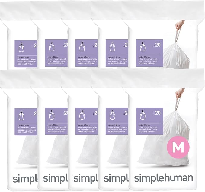 simplehuman Code M 200 Count Custom Fit Liners, Drawstring Kitchen Trash Bags by Simplehuman