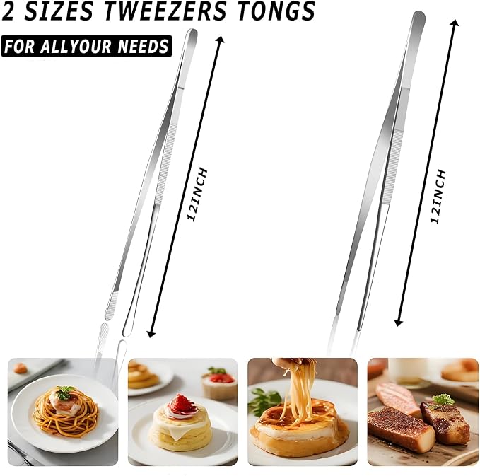 Pinovk 2 Pcs 12-Inch Kitchen Tweezers, Extra-Long Stainless Steel Cooking - Image 2