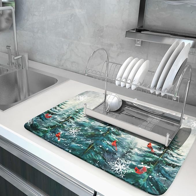 Pine Tree Dish Drying Mat for Kitchen Countertop Red Bird Dishes Mats Winter - Image 5