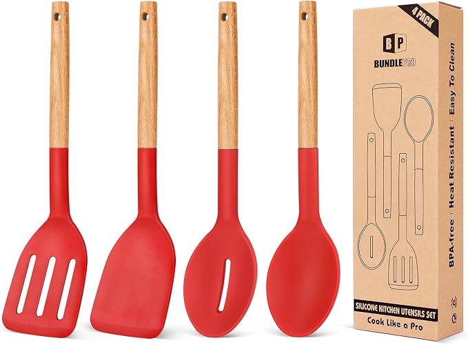 Pack of 4 Silicone Cooking Utensils Set, Non Stick Solid Spatulas and Heat by BUNDLEPRO