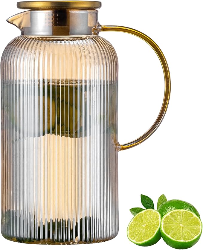 Buaic Glass Pitcher with Lid, 84oz/2.5 Liter Amber Classic Vertical Stripes by Buaic