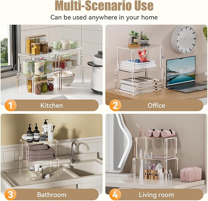 YUNEASELF Clear Cabinet Organizer: Acrylic Shelf Riser Set of 4 - Image 6