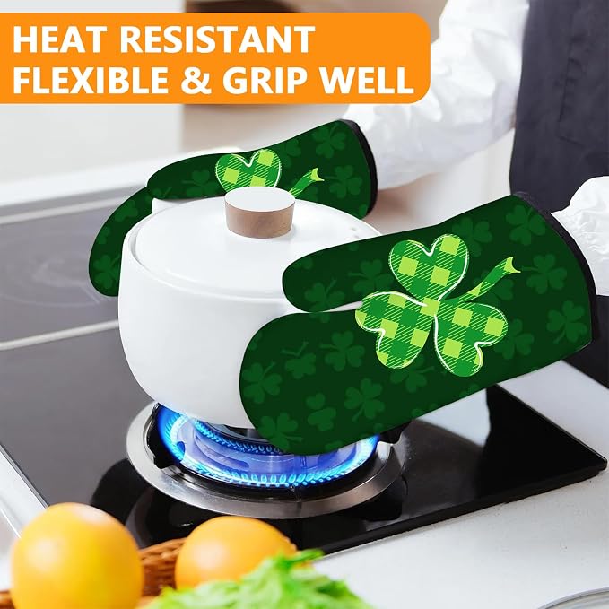Green Clover Oven Mitts and Pot Holders Sets 4Pcs, Extra Long Oven Gloves - Image 6