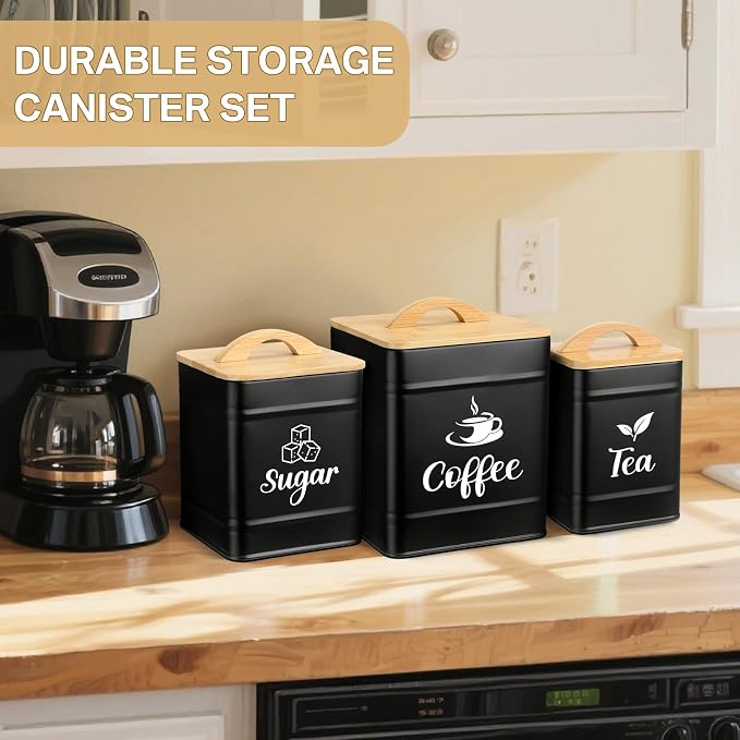 Maxdot 3 Set Coffee Sugar Tea Containers, Square Airtight Kitchen Canisters - Image 6