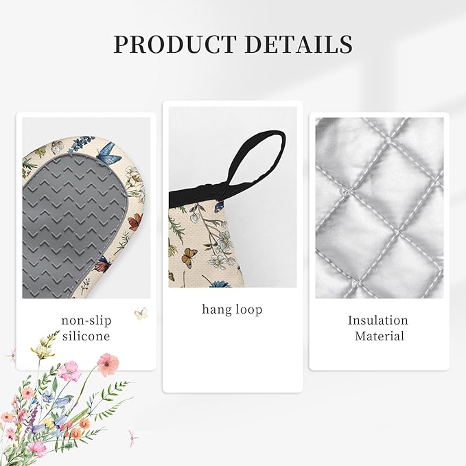 Vintage Floral Oven Mitts and Pot Holders 3Pcs, Retro Floral Silicone Oven - Image 3