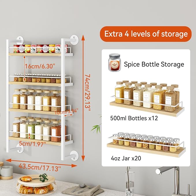 IBUYKE Spice Rack Wall Mount, 4 Tier Hanging Seasoning Organizer, Spice Rack - Image 3