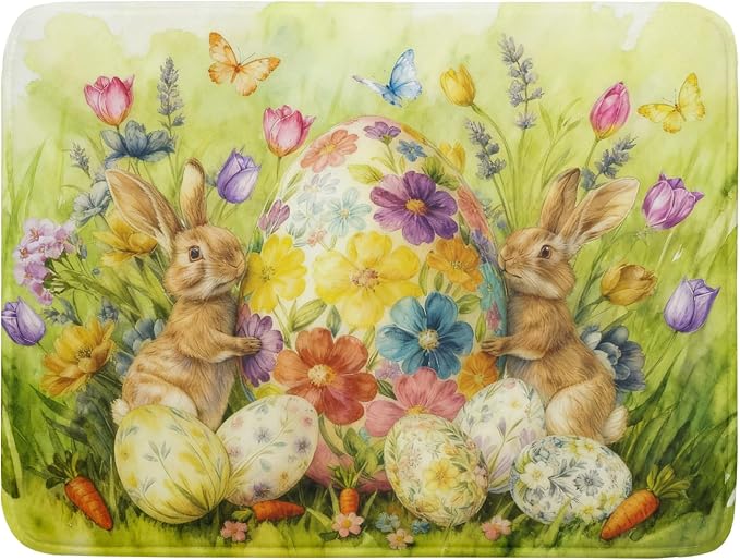Easter Egg Dish Drying Mat 18x24 Inch Bunny Floral Green Drying Pad by Giwawa