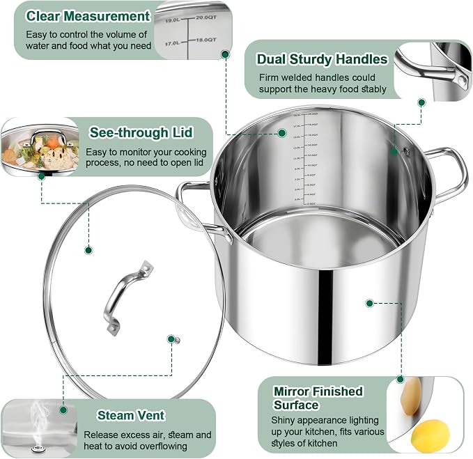 P&P CHEF 20 QT Stock Pot with Lid, Stainless Steel Large Cooking Pot, Soup - Image 3
