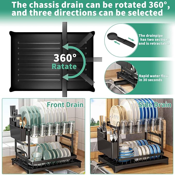 XLMYS Dish Drying Rack, 2 Tier Large Dish Drying Rack - Image 2