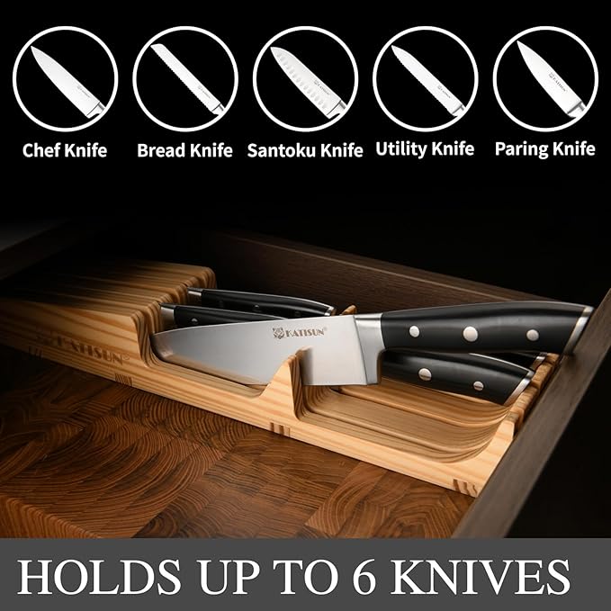 In-Drawer Knife Block with 5 Pieces Knives, Bamboo Knife Drawer Organizer - Image 4